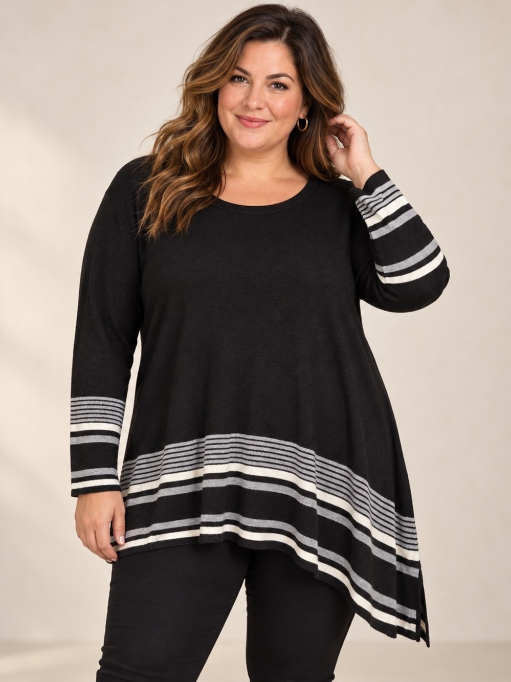 Calvin Klein Plus 2X Striped Asymmetrical Hem Tunic Sweater